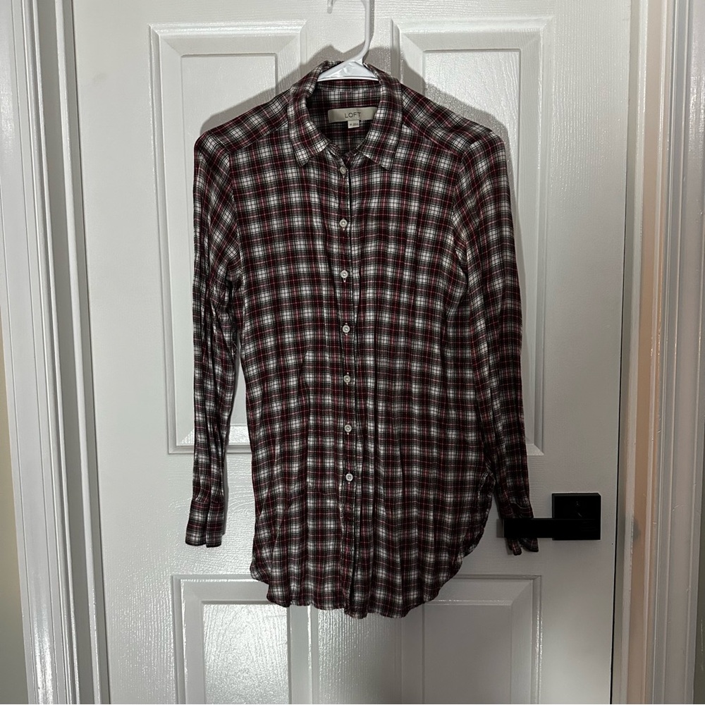 LOFT Burgundy and White Checkered Button Down Shirt
